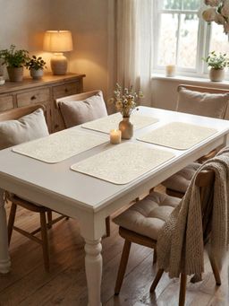 YELONA - Light Beige Floral Print PU Leather Table Mats (Pack of 4) (4 Seater)