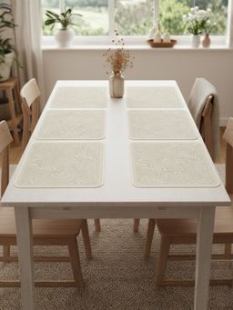 YELONA - Light Beige Floral Print PU Leather Table Mats (Pack of 6) (6 Seater)