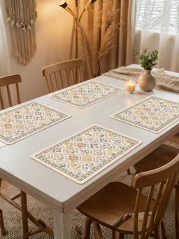 YELONA - Pale Beige Floral Lattice PU Leather Table Mats (Pack of 4) (4 Seater)