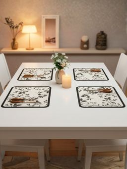 YELONA - Off White Botanical Print PU Leather Table Mats (Pack of 4) (4 Seater)