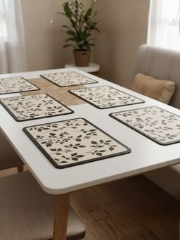YELONA - Beige Botanical Print PU Leather Table Mats (Pack of 6) (6 Seater)