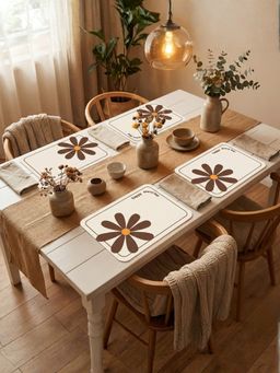 YELONA - Chocolate Brown Retro Daisy PU Leather Table Mats (Pack of 4) (4 Seater)