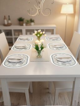 YELONA - White Oval Graceful Blooms PU Leather Table Mats (Pack of 6) (6 Seater)