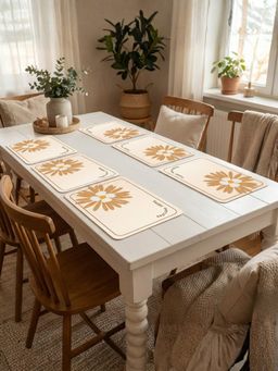 YELONA - Ivory White Daisy Floral PU Leather Table Mats (Pack of 6) (6 Seater)