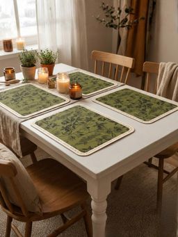 YELONA - Green Botanical Print PU Leather Table Mats (Pack of 4) (4 Seater)