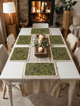 YELONA - Green Botanical Print PU Leather Table Mats (Pack of 6) (6 Seater)