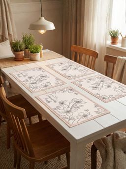 YELONA - Beige Pastel Blush Herb Floral PU Leather Table Mats (Pack of 4) (4 Seater)