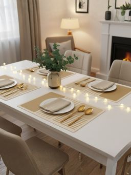 YELONA - Sand Beige Stripes PU Leather Table Mats (Pack of 4) (4 Seater)