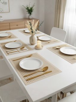 YELONA - Tan Beige Stripes PU Leather Table Mats (Pack of 6) (6 Seater)