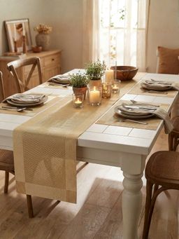 YELONA - Gold Beige Heat Resistant Vinyl Table Mats & Runner Set (4 Seater)