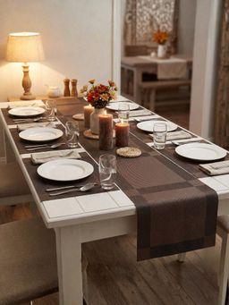 YELONA - Chocolate Brown Heat Resistant Vinyl Table Mats & Runner Set (6 Seater)