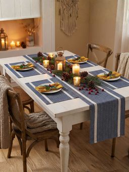 YELONA - Navy Blue Heat Resistant Vinyl Table Mats & Runner Set (4 Seater)