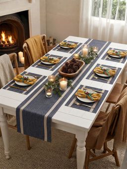 YELONA - Navy Blue Heat Resistant Vinyl Table Mats & Runner Set (6 Seater)