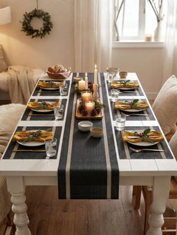 YELONA - Black Heat Resistant Vinyl Table Mats & Runner Set (6 Seater)