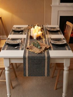 YELONA - Black & Beige Heat Resistant Vinyl Table Mats & Runner Set (4 Seater)