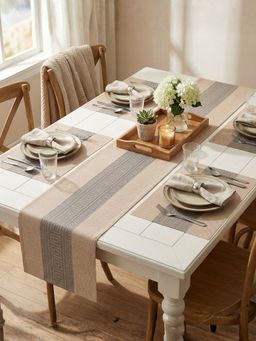 YELONA - Almond Beige Heat Resistant Vinyl Table Mats & Runner Set (4 Seater)