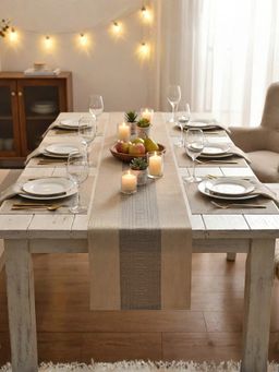 YELONA - Almond Beige Heat Resistant Vinyl Table Mats & Runner Set (6 Seater)