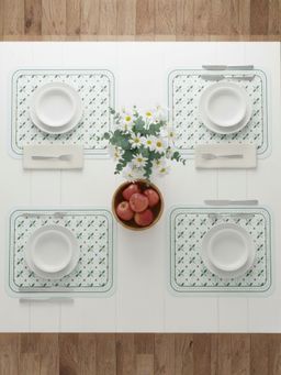 YELONA - White & Green Floral PU Leather Table Mats (Pack of 4) (4 Seater)