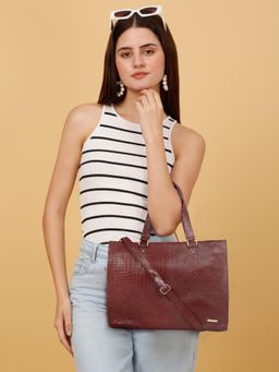 Teakwood - Women's Red Croco & Solid Leather Tote Bag with Detachable Strap