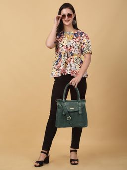 Teakwood - Women's Green Croco Leather Structured Handbag with Detachable Strap