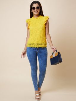 Globus - Women Yellow Self Design Ruffle Neck Lace Top