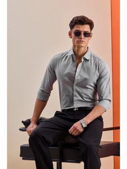 Snitch - Slim Fit Cotton Textured Light Grey Shirt