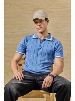 Snitch - Blue Ribbed Half Sleeves Regular Casual Polo T-Shirt for Men