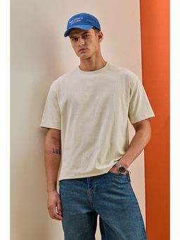 Snitch - Beige Textured Half Sleeves Oversized Casual T-Shirt for Men