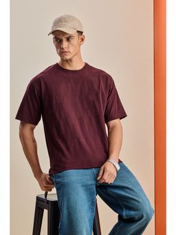 Snitch - Maroon Self-Design Half Sleeves Oversized Casual T-Shirt for Men