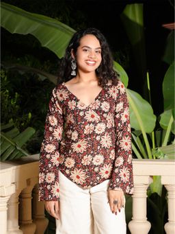NISHORAMA - Brown Floral Naira Bell Sleeved Top