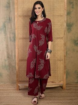 InWeave - Dark Maroon Leaf Keyhole Kurta with Pant