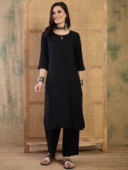 InWeave - Solid Black Keyhole Kurta with Pant