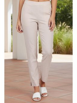 Aurelia - Womens Beige Yarn Dyed Solid Pure Cotton Ankle Length Pant