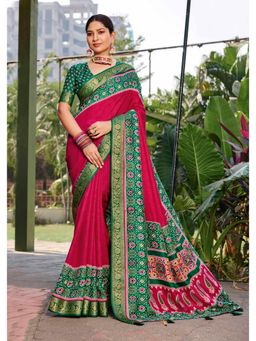 Gahan - Pink Velvet Tussar Silk Ikat & Jacquard Border Saree with Unstitched Blouse
