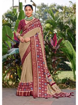 Gahan - Beige Velvet Tussar Silk Ikat & Jacquard Border Saree with Unstitched Blouse