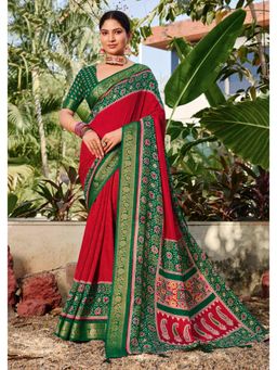 Gahan - Red Velvet Tussar Silk Ikat & Jacquard Border Saree with Unstitched Blouse