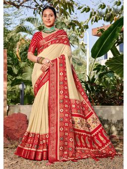 Gahan - Cream Velvet Tussar Silk Ikat & Jacquard Border Saree with Unstitched Blouse