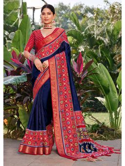 Gahan - Navy Blue Velvet Tussar Silk Ikat & Jacquard Border Saree with Unstitched Blouse