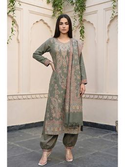 Aurelia - Womens Olive Yarn Dyed Paisley Printed Kurta with Salwar & Dupatta