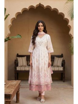 Aurelia - Womens White Floral Foil Printed Cotton Anarkali Kurta with Leggings & Dupatta