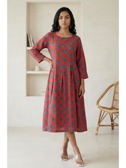Folksong - Womens Red Polka Dots Pure Cotton A-Line Midi Dress