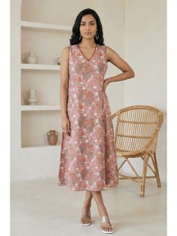 Folksong - Womens Peach Floral Printed Pure Cotton A-Line Dress