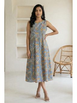 Folksong - Womens Blue Block Floral Printed Pure Cotton A-Line Dress
