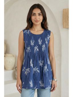 Folksong - Womens Blue Floral Printed Pure Cotton Flared Top