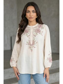 Folksong - Womens Off White Thread Embroidered New Cotton Silk A-Line Tunic