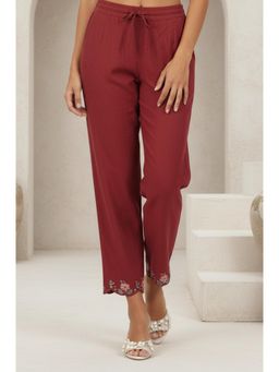 Folksong - Womens Maroon Embroidered Cotton Blend Straight Fit Pant