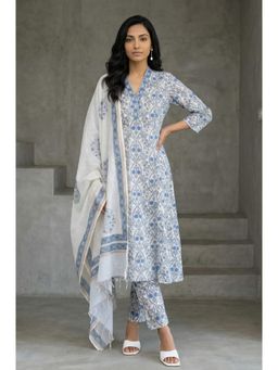Folksong - Womens White Floral Printed Cotton Straight Kurta with Pant & Dupatta