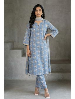 Folksong - Womens Blue Block Printed Straight Kurta with Pant & Dupatta