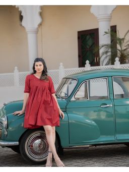 Meeshara - Womens Red Embroidered Ethnic Wear Midi Dress