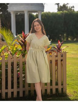 Meeshara - Womens Green Solid Ethnic Wear Belted Midi Dress